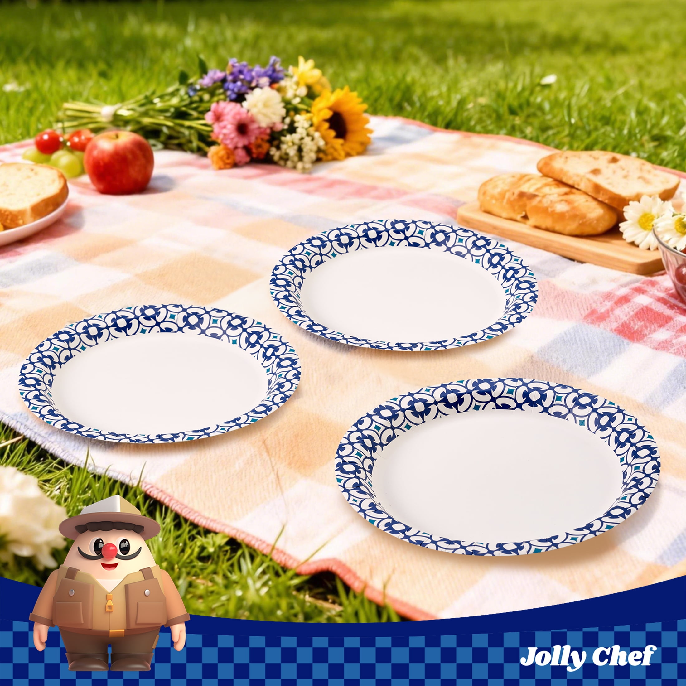 JOLLY CHEF 200-Pack 8.5" Paper Plates: Leak & Cut Resistant for Any Gathering