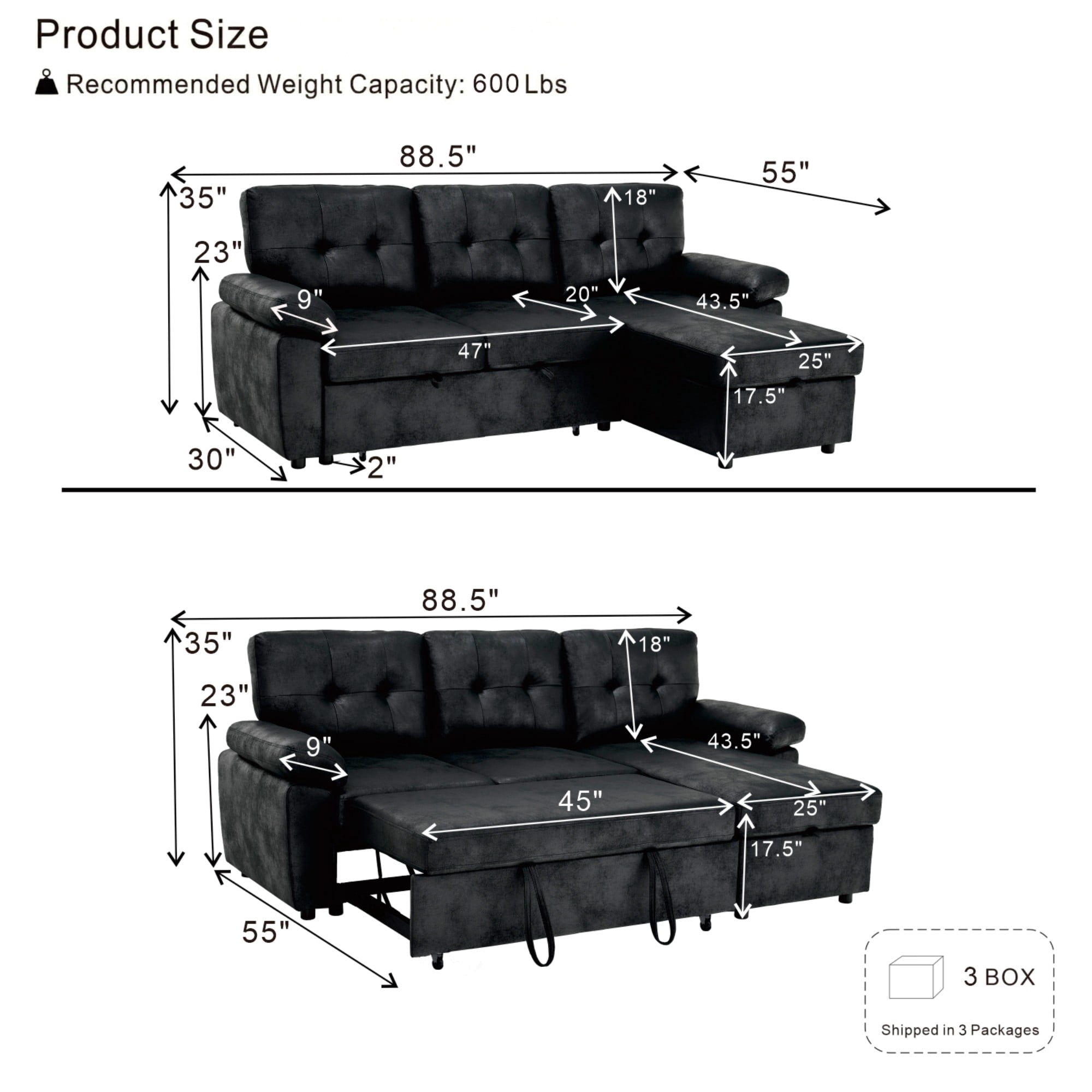 BSHTI 88.5" Polyester Fabric L-Shaped Sectional Sleeper Sofa Bed with Pull-Out Bed, Storage Chaise for Living Room( Light Brown)