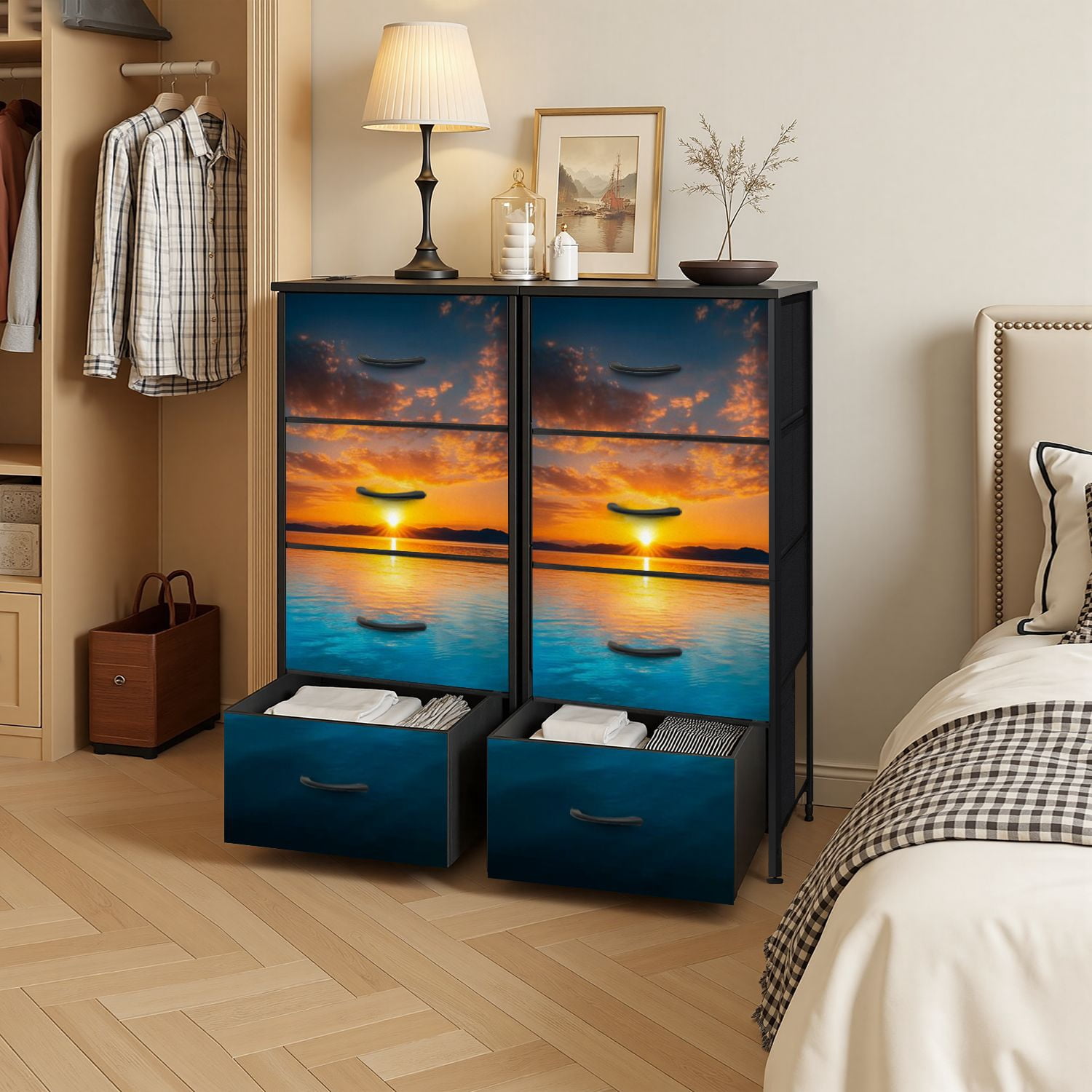 4 Drawer Vertical Storage Dresser Sunset water with Wood Top Fabric Pull Drawers