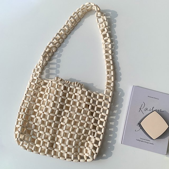 Bolso con cuentas para mujer, bolso de supermercado ahuecado, bolso de ocio sencillo para mujer (blanco)