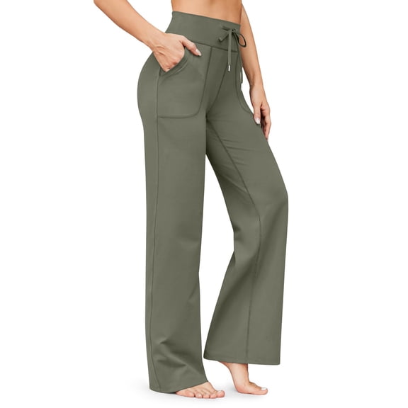 Resivox Women's High Waisted Micro Flared Yoga Pants - Drawstring Waist with Pockets, Wide Leg Silhouette for Casual Wear & Workouts, Loose Fit Fabric Army Green M
