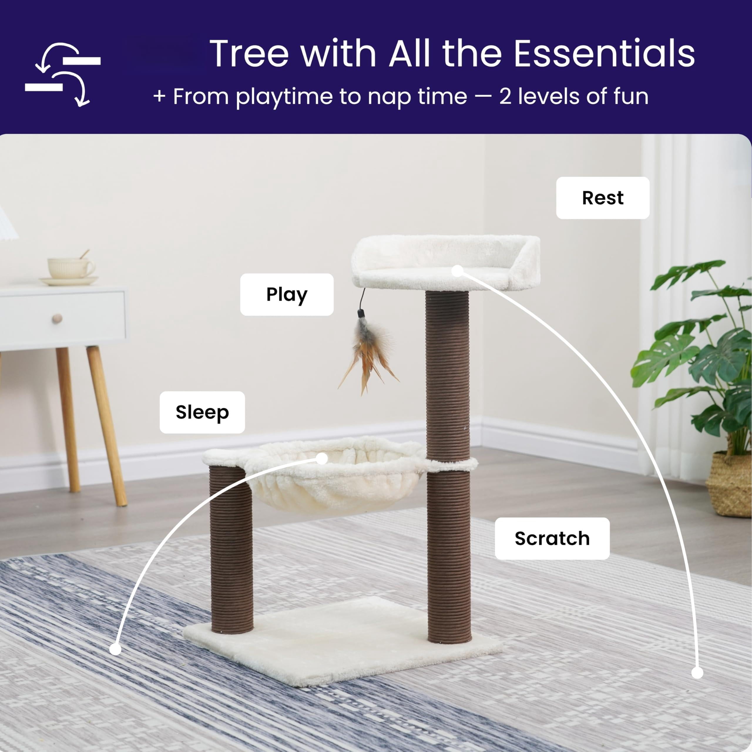 Nirvana 3-level Kitten Tree With Plush Perch  Soft Hammock And Paper Rope Posts Minimalist Cat Furniture For Climbing & Resting Ideal Kittens Small Cats Beige