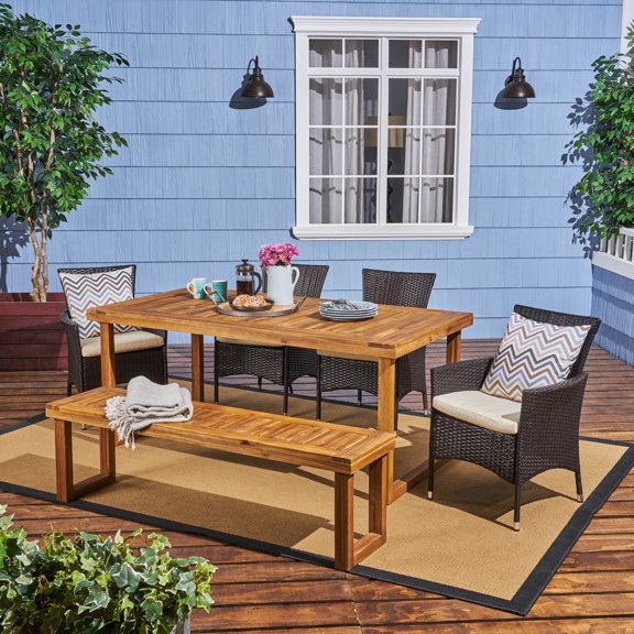 Noble House Moralis 6-Piece Outdoor Wood and Wicker Dining Set in Natural