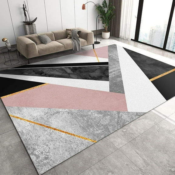 Gray White Pink Black Marble Area Rug, Abstract Irregular Geometric Lines Washable Carpet, with Anti-Slip Easy Clean Carpet for Living Room Bedroom Kitchen Dining Room Home Office-2x3ft