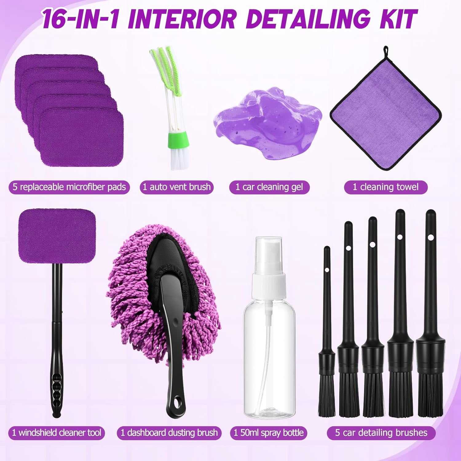 Windshield Cleaner Tool, Car Cleaning Kit with Various Detailing Brushes Set Spray Bottle Cleaner Towel Cleaning Gel Accessories for Windows Vents