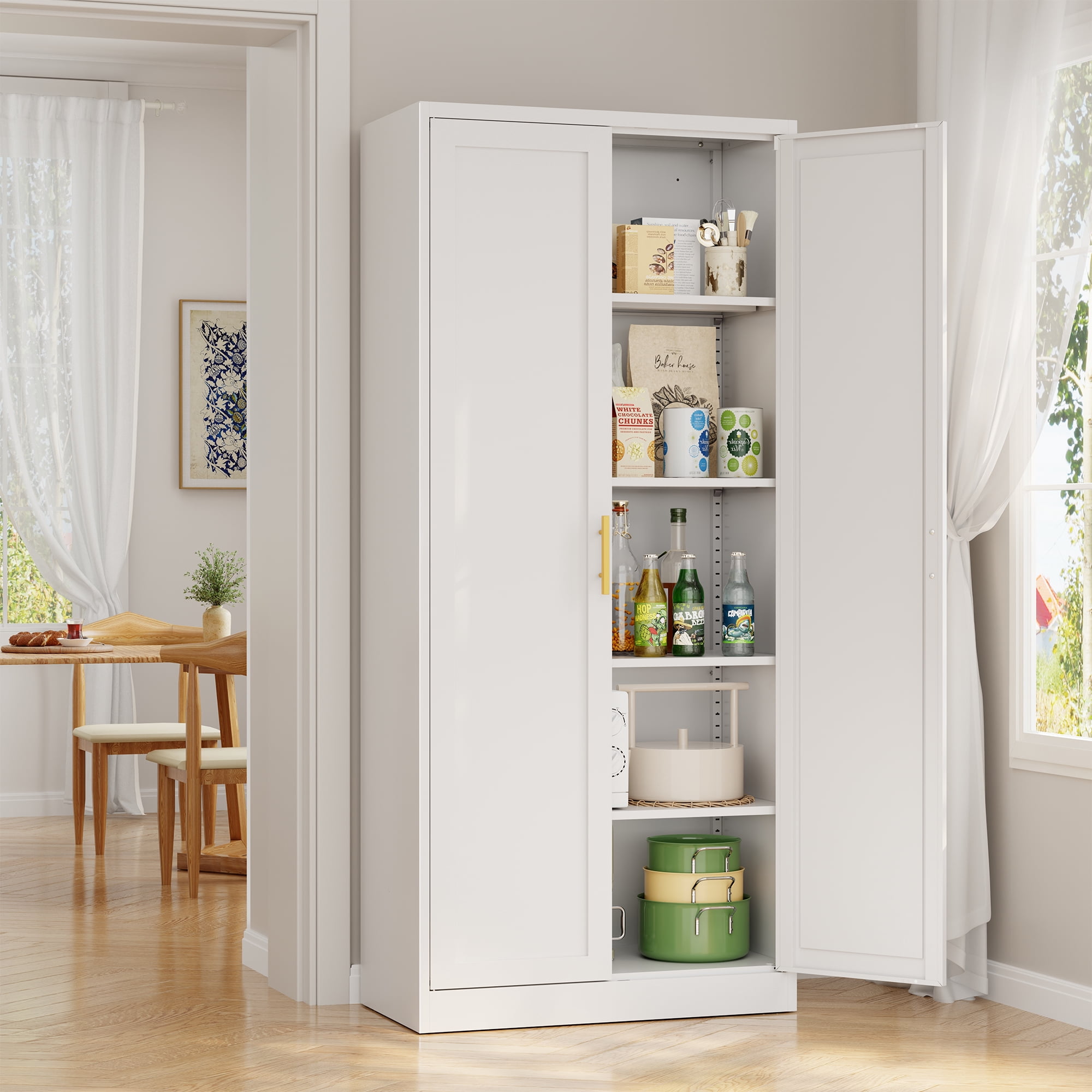 Metal Kitchen Pantry Cabinet, 71"H x 28"W x 14"D Pantry Cabinets with 2 Doors and 4 Adjustable Shelves for Kitchen Storage, Metal  Cabinet for Kitchen, Dining Room, Living Room -White