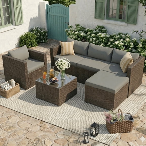 POTEBAN 6-Piece Patio Furniture Set Outdoor Sectional Sofa Set,Outdoor Patio Furniture Set with Ottoman, Single Chair, Cushions & Glass Table for Garden & Backyard, Gray