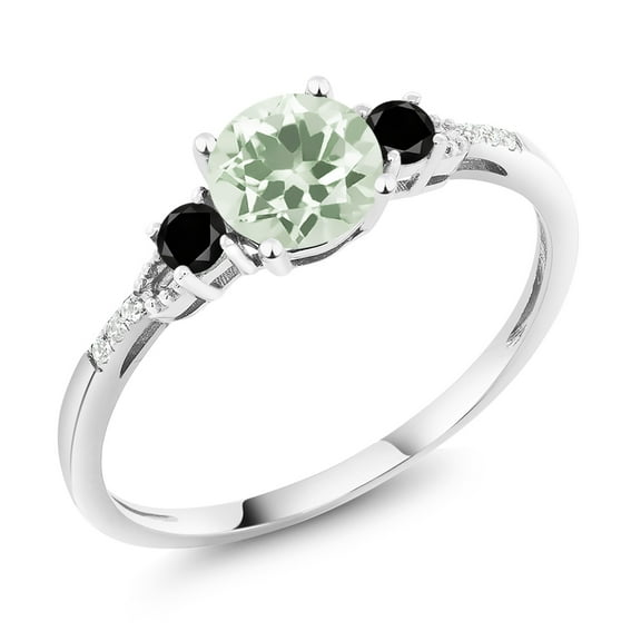 Gem Stone King 10K White Gold Green Prasiolite Black Diamond and White Diamond Accent 3-Stone Engagement Ring for Women (0.97 Cttw, Round 6MM, Gemstone Birthstone, Size 8)