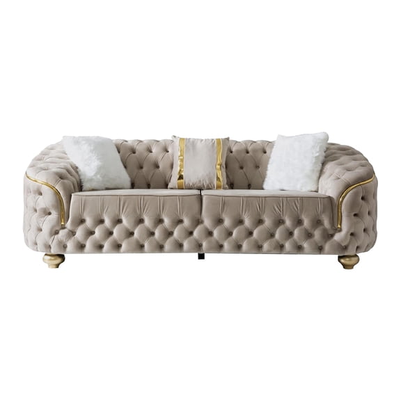 Beyan Signature Bursa 91" Velvet Upholstered Sofa in Cream/Gold