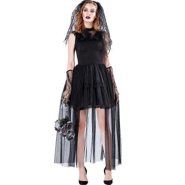 Women Ghost Bride Sleeveless Dress with Veil Gloves Halloween Cosplay Costume L