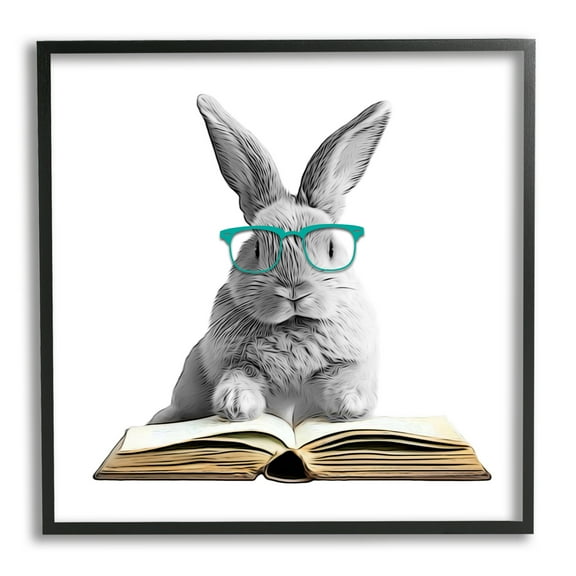 Stupell Industries Bunny Reading Book Animals & Insects Painting Black Framed Art Print Wall Art, 12 x 12