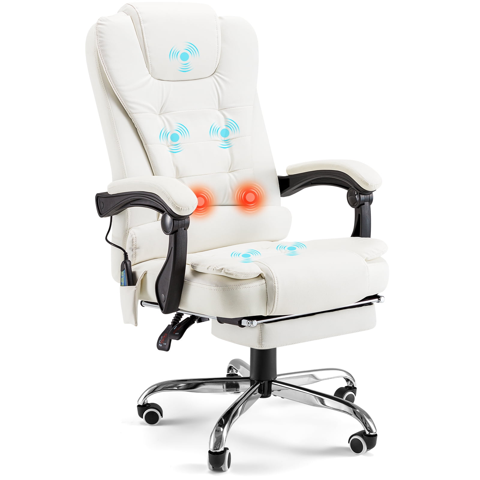 YODOLLA High Back Office Chair Heat & Massage Ergonomic Reclining Desk Chair with Retractable Footrest Executive Swivel Leather Chair for Office,Home,Study,Cream White