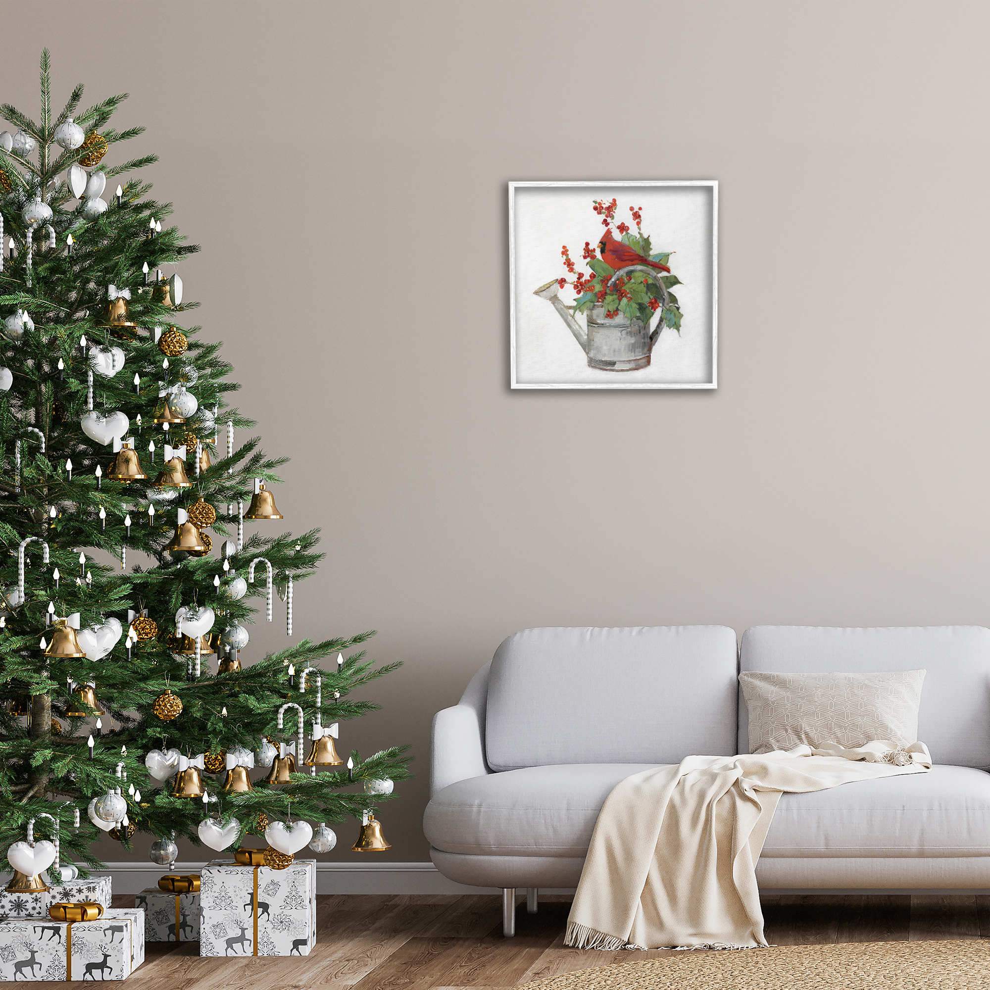 Stupell Industries Cardinal & Watering Can Holiday Painting White Framed Art Prints Wall Art, 24 x 24