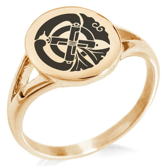 Stainless Steel Tachibana Samurai Crest Minimalist Oval Top Polished Statement Signet Ring