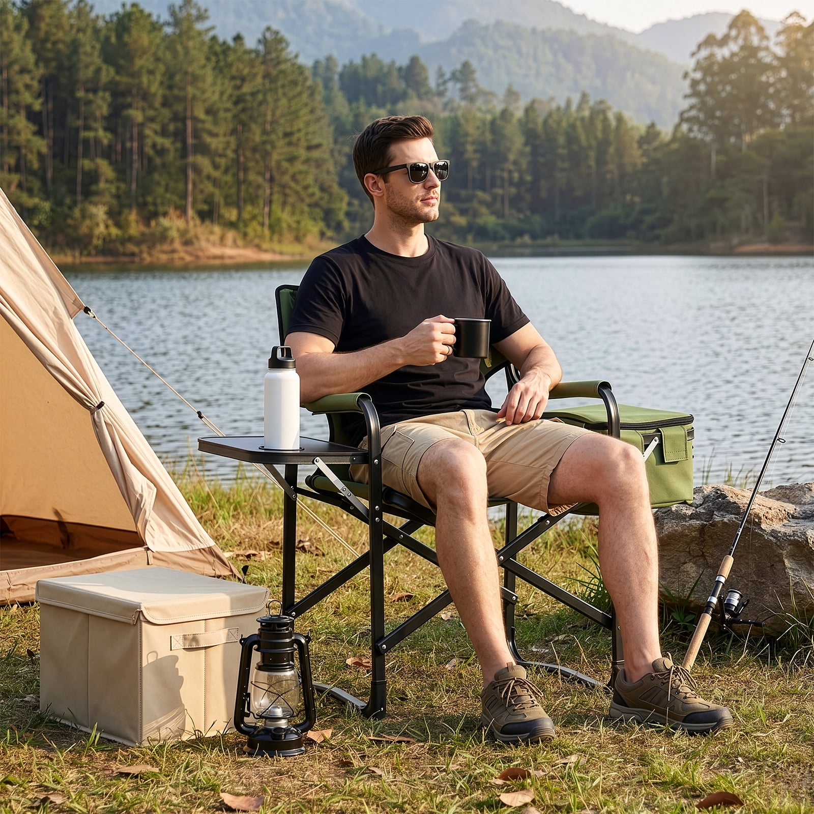 Folding Camping Chair with Side Table & Insulated Cooler Bag, Spray-Coated Aluminum Frame, 265 lbs Capacity Foldable Outdoor Chair for Camping Beach Fishing Picnic, 46.46" x 20.87" x 33.46"