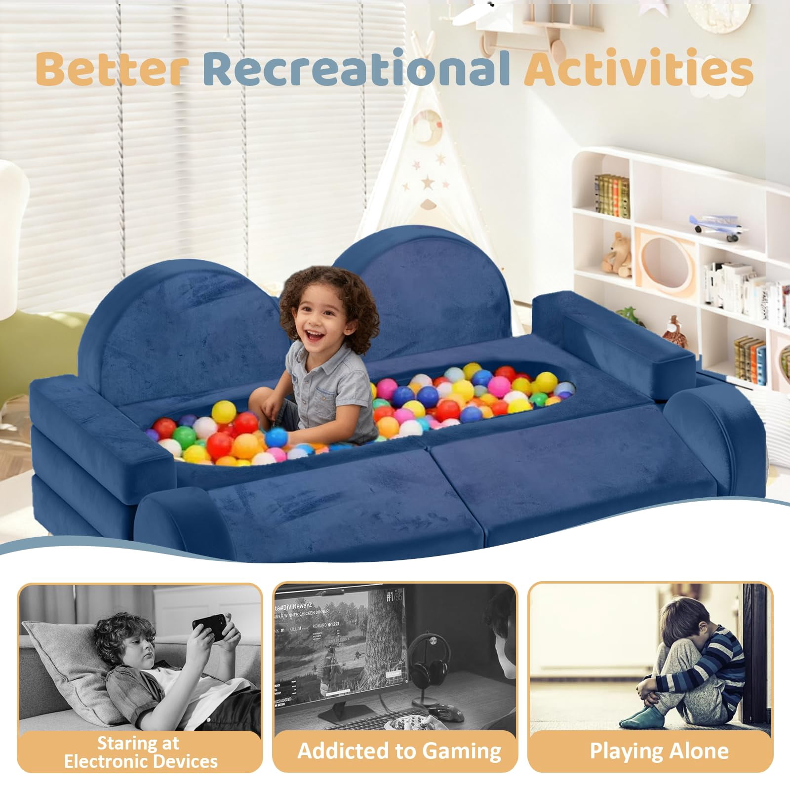 Modular Kids Play Couch, 12Pcs Kids Sofa for Playroom Bedroom Living Rooms Toddler Sofa for Inspiring Child Creativity, Children Creative Convertible Foam Sofa, Blue