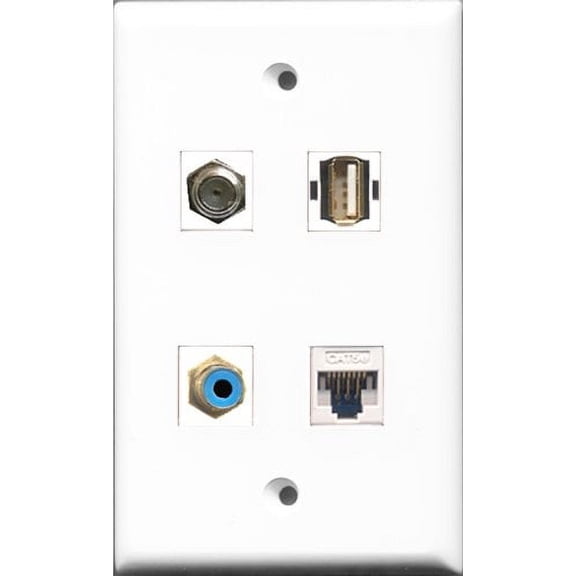RiteAV 1 Port RCA Blue and 1 Port Coax Cable TV- F-Type and 1 Port USB A-A and 1 Port Cat5e Ethernet White Wall Plate