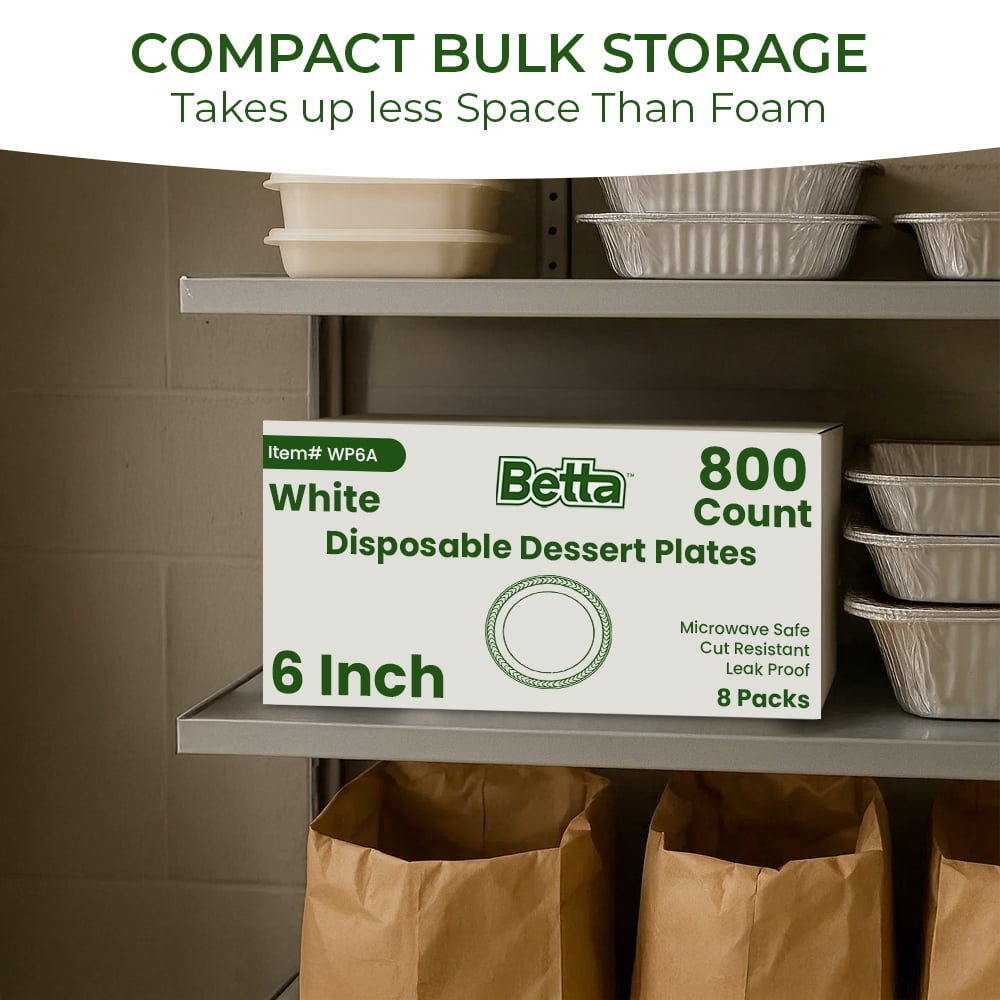 Betta 6-Inch Disposable Plastic Dessert Plates, White, 800 Count, Bulk Case, Microwave Safe (8 Pack Per Box x100)