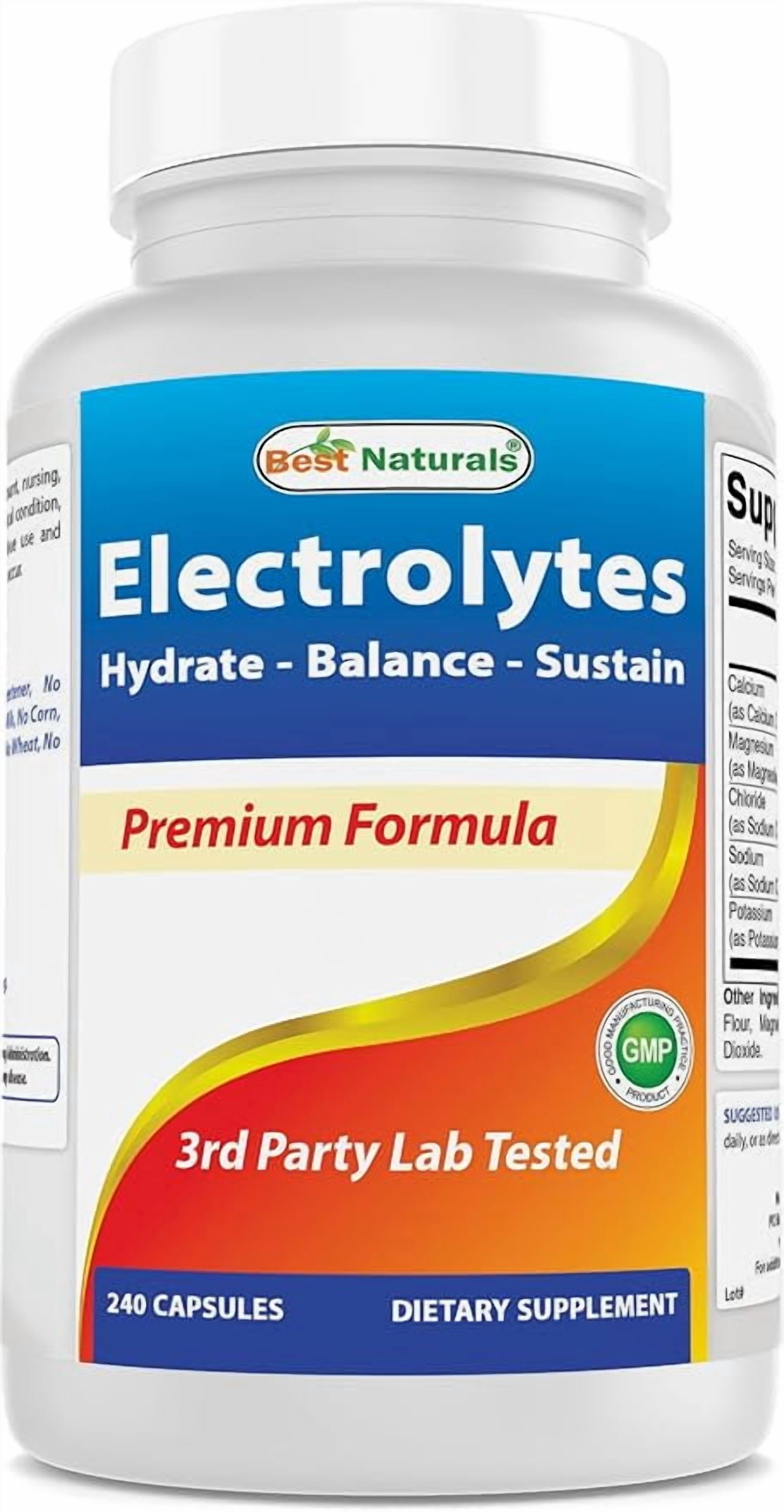 (3 pack) Best Naturals Electrolytes Hydrate-Balance- Sustain Premium Formula 240 Capsules. Gluten Free and Non-GMO.