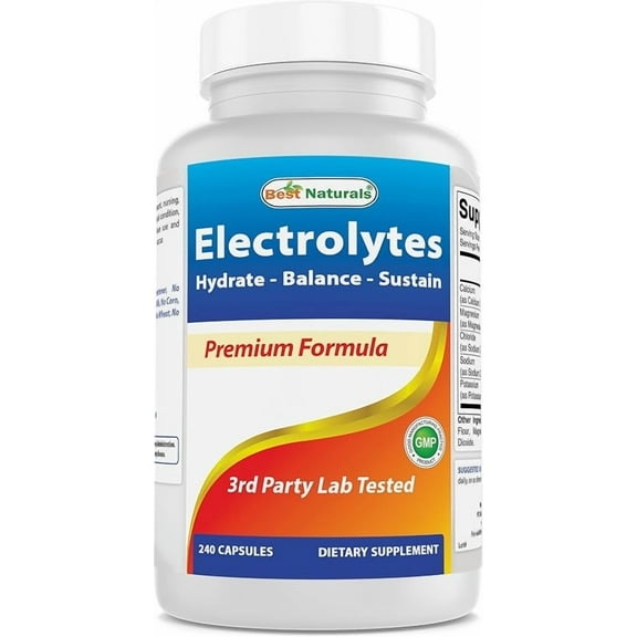 Best Naturals Electrolytes Hydrate-Balance- Sustain Premium Formula 240 Capsules. Gluten Free and Non-GMO.