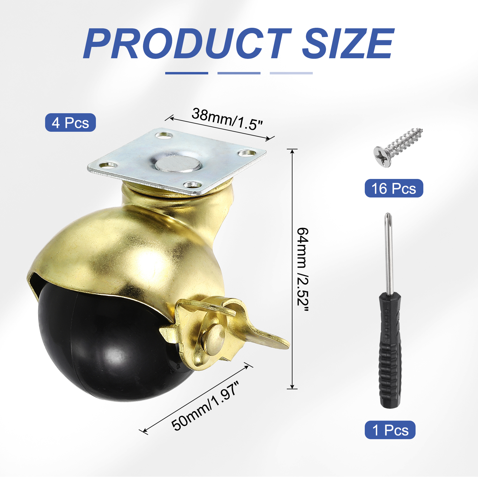 2 Inch Ball Caster Wheels, Swivel Furniture Casters with Brake/ Plate Mount/Screw/Screwdriver, Gold 4 Pcs