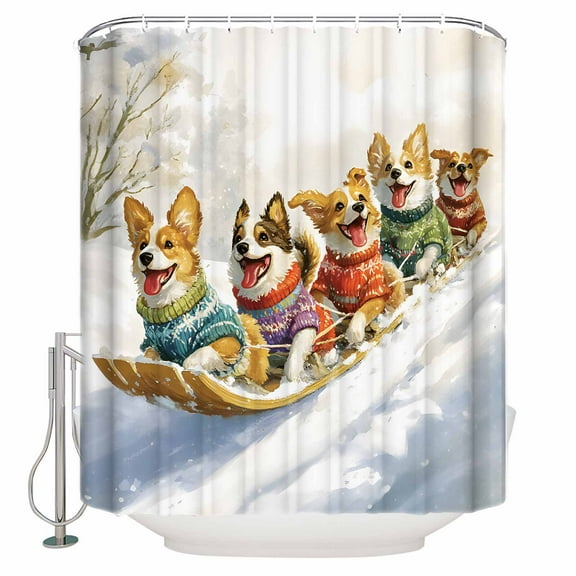 54x78 Inch Shower Curtain Decorative Christmas Bathtub Bath Curtains Fabric Waterproof Bathroom Decor Playing Sleds Skiing Dog Winter Xmas Holiday Small Stall Shower Curtain Set with 12 Hooks