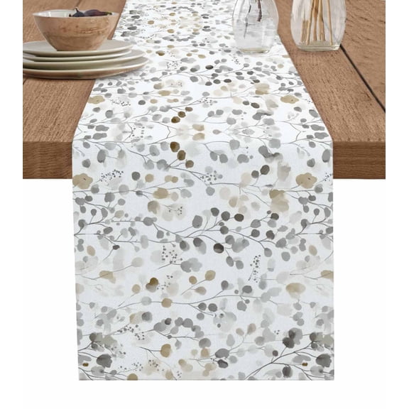 Grey Brown Botanical Table Runner 48 Inches, Watercolor Summer Leaf Bed Runner Dresser Scarves Tabletop for Indoor Outdoor Parties/Ceremony/Banquet, 13" x 48"