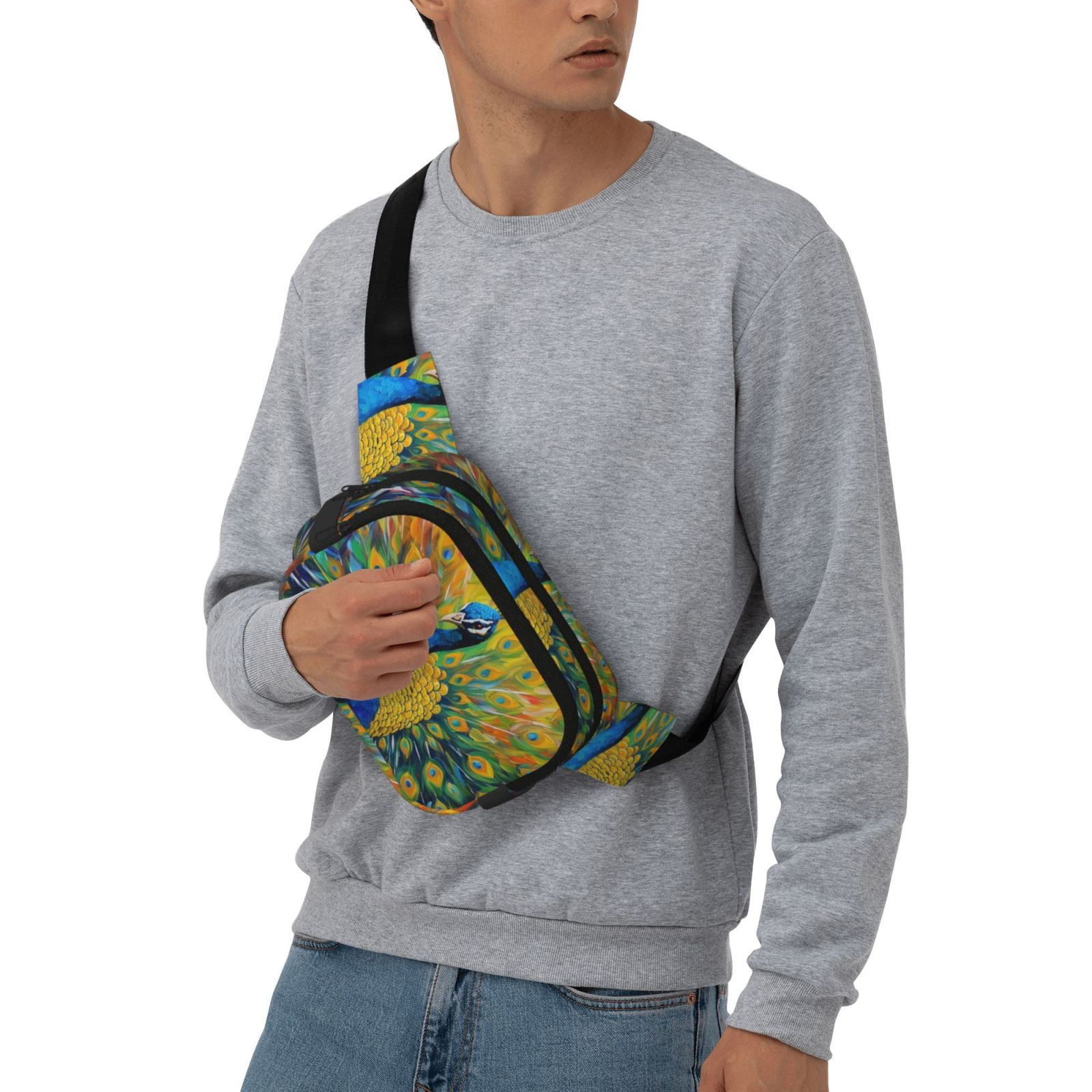 Picia Peacocks Print Square Double-Layer Waist Bag Mini Adjustable Waist Belt Bag Exercise Running Travel Hiking