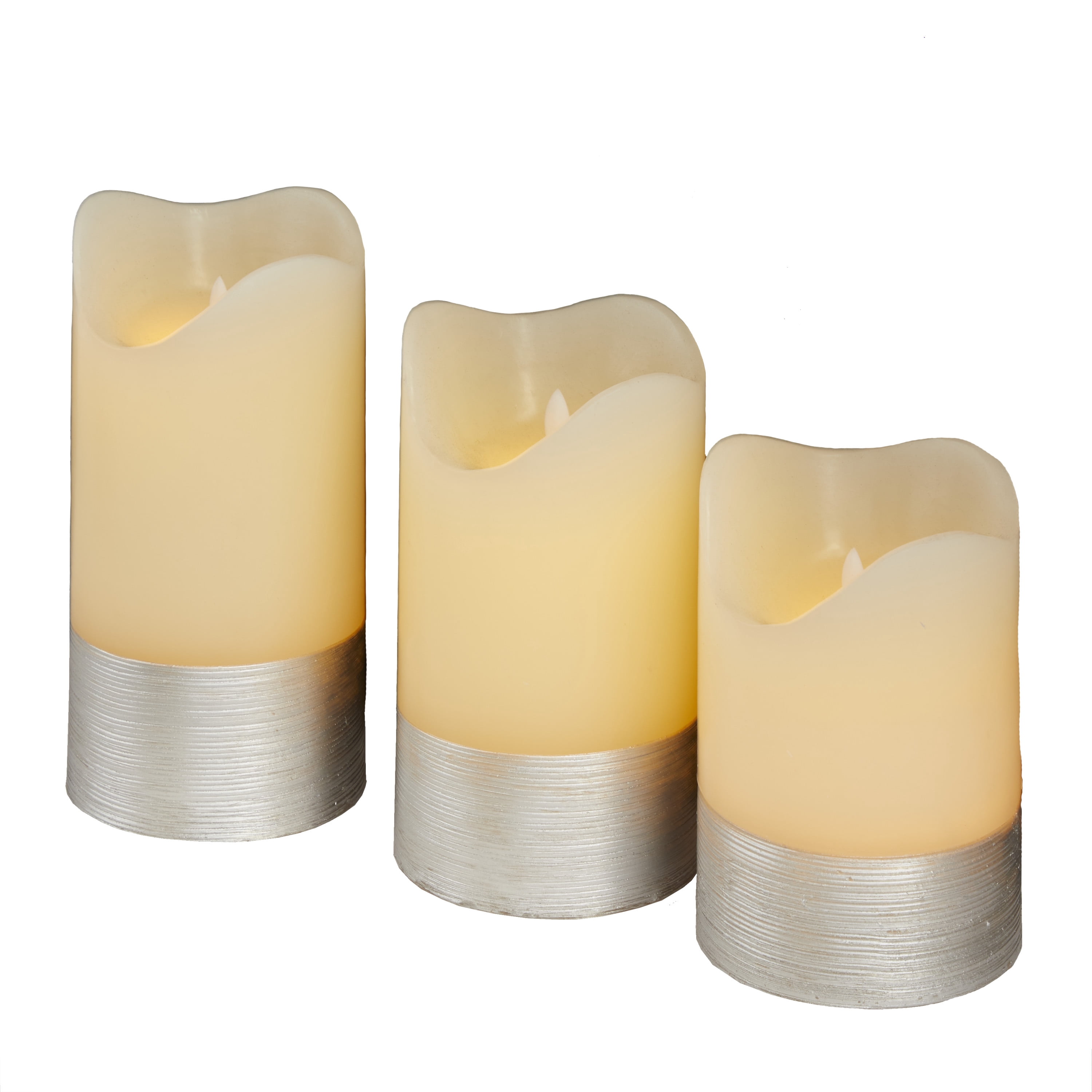 DecMode 8", 7", 6"H Silver Base Unscented Wax  Flameless Candle with Remote Control (Set of 3)