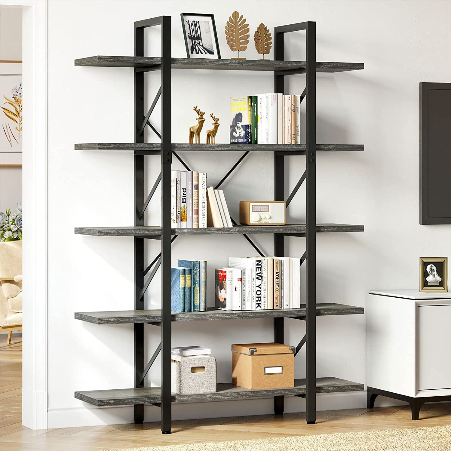 Dextrus Industrial 5 Shelf Bookcase, Modern Free Standing Bookshelf Storage Organizer with Metal Frame, Book Shelves for Living Room Bedroom Balcony Home Office, Gray Wash