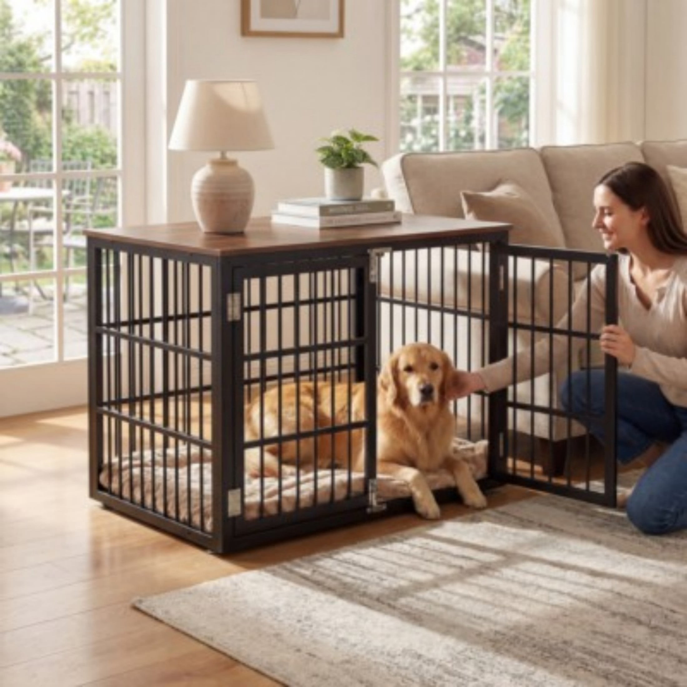 SHOUFTW 4-Panel Dog Crate Furniture, Iron Wood Dog Cage, Heavy Duty Pet Kennel, Particle Board Top & Metal Frame, Black Rust