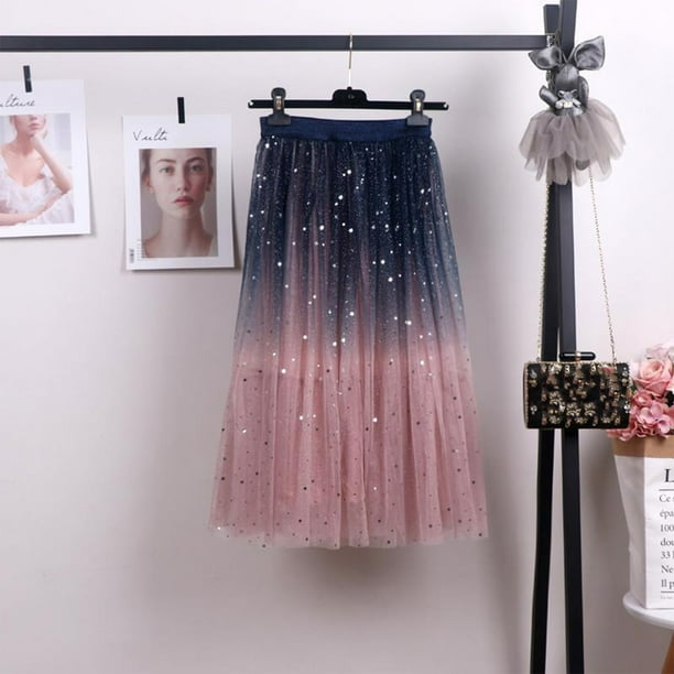 WILLBEST Vestido De Verano Para Mujer, Moda Informal De Primavera, Falda Con Degradado, Falda Doble Estrellada Brillante, Falda Larga