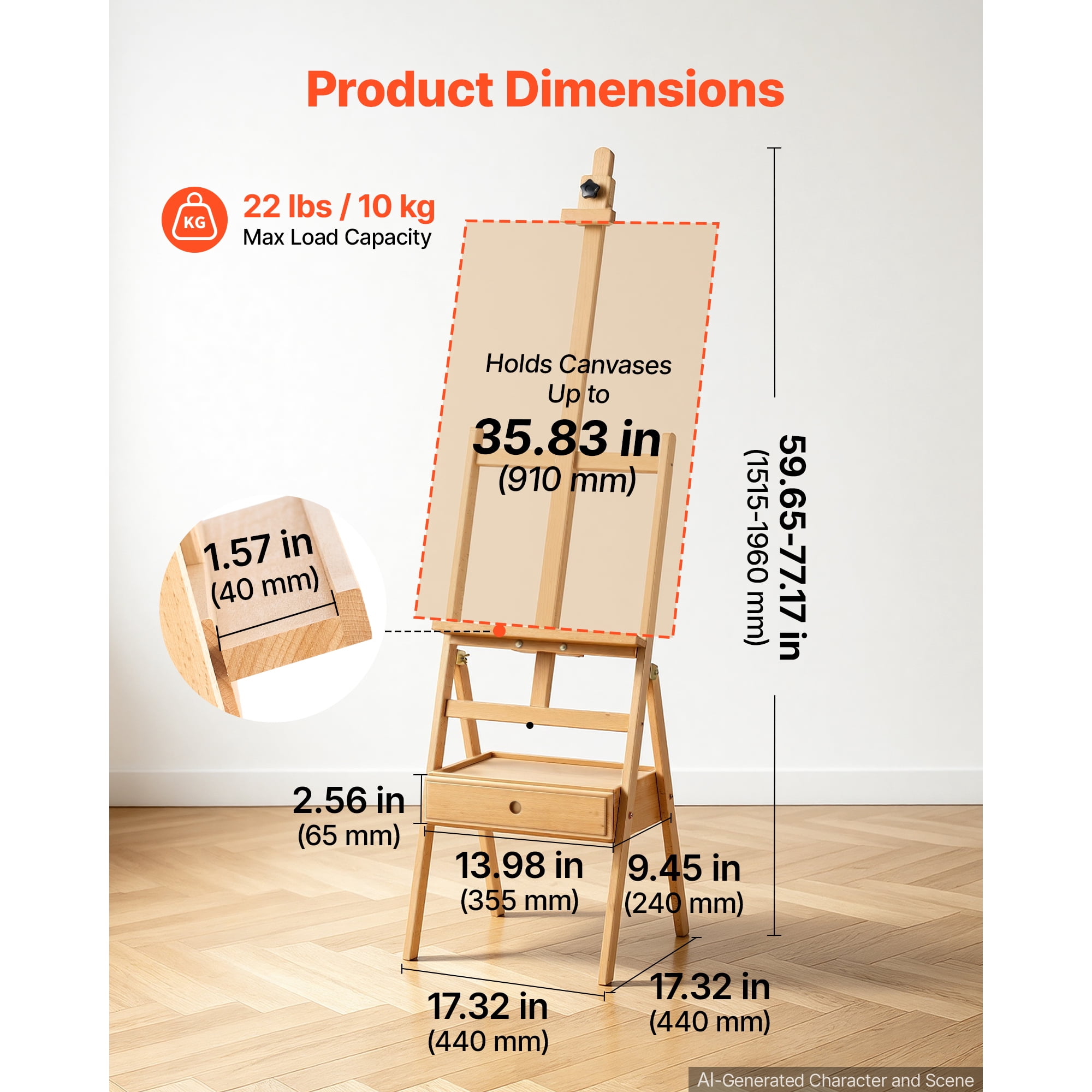 KFFKFF Studio H-Frame Easel with Adjustable Height, Holds Canvas Up to 35.83 Inches, Solid Beech Wood Construction, Versatile Art Easel with Storage Drawer, Natural Finish