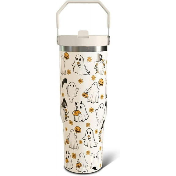Halloween Ghost 30oz Tumbler Gifts for Women Girls, Cute Flower Spooky Stainless Steel Insulated Cup, Top Handle and Flip Straw Water Bottle Mug