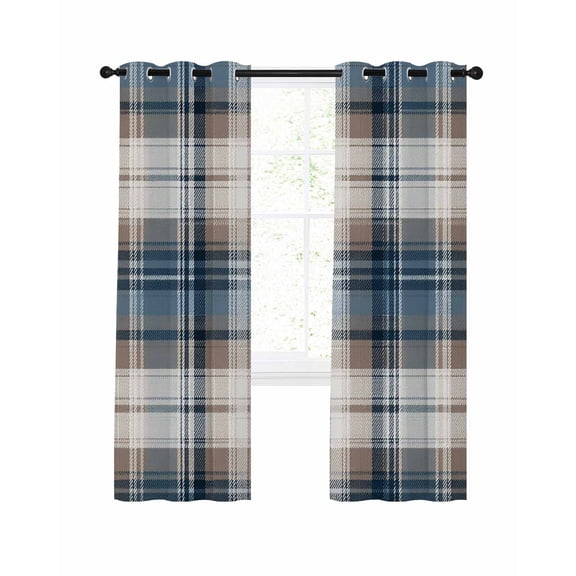 Blue Brown Plaid Blackout Curtains, Light Blocking Print Window Curtains, Vintage Abstract Stripes Lattice Thermal Insulated Window Drapes for Living Room Kitchen Cafe 2 Panels, 84"W x 63"L