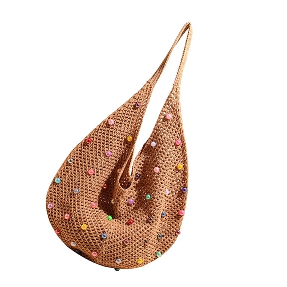 FENOHREFE Women Crochet Shoulder Bag with Colored Beads Handbag Aesthetic Armpit Bag Fashion Beach Bag Knit Bag for Travel