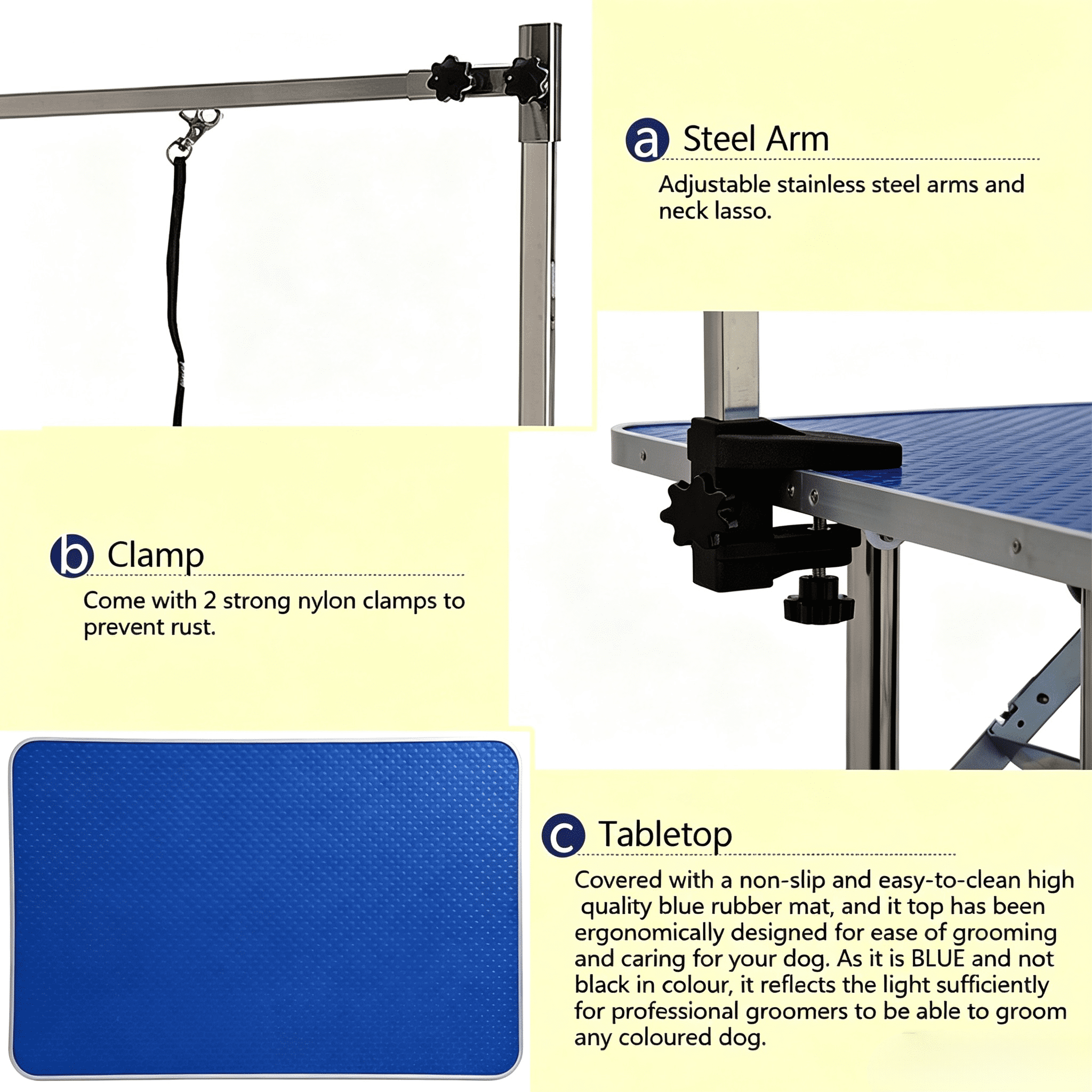 46" Large Blue Heavy Duty Pet Grooming Table, Foldable Dog Cat Grooming Station with Adjustable Arm, Noose & Storage Basket, Stainless Steel Frame