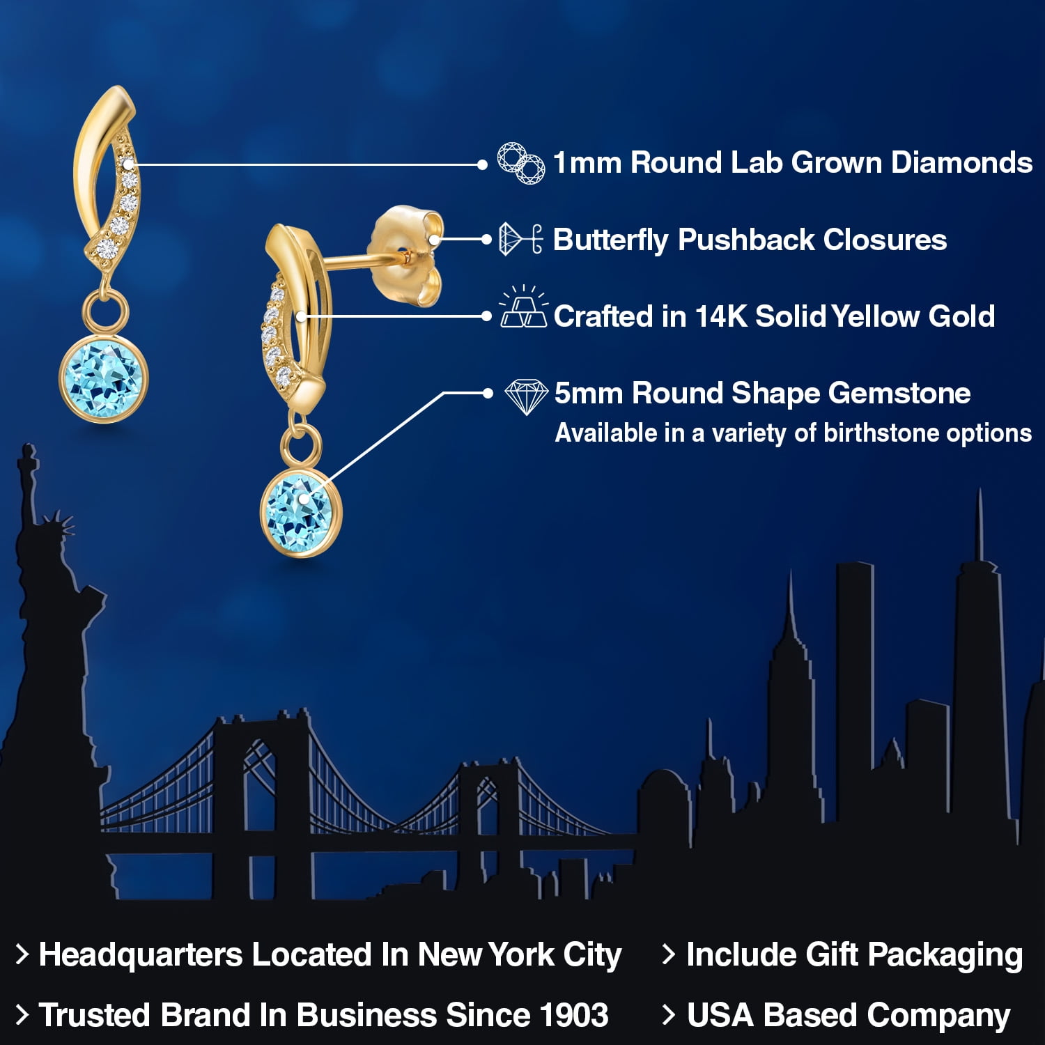 Gem Stone King 14K Yellow Gold Blue Apatite and Lab Grown Diamond Earrings for Women | 1.04 Cttw | Gemstone Birthstone | Round 5MM