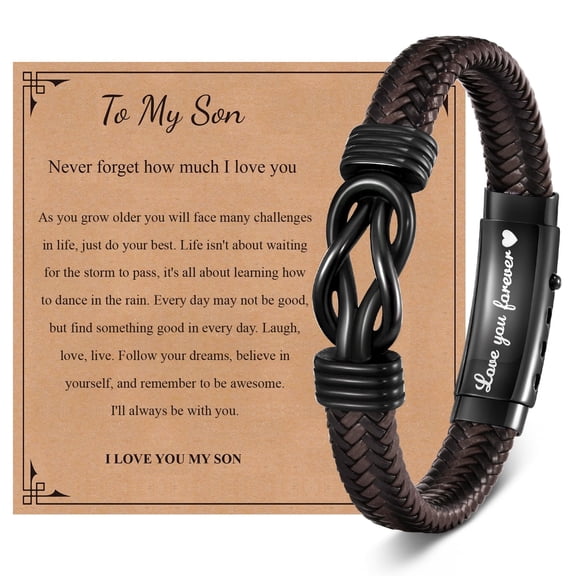 Gifts for Men Infinity Knot Braided Leather Bracelet for Son, Forever Love to My Son Bracelets, Birthday Christmas Holiday Jewelry Gift for Him