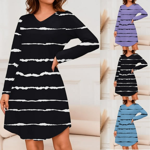 Aboser Long Sleeve Nightshirts for Women Cute Striped Print Loungewear Loose Fit V Neck Sleepdress Breathable Soft Short Nightgown Casual House Dress