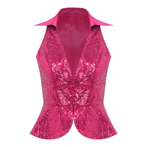 TiaoBug Women's Suits Vest Sleeveless Sparkly Sequin Waistcoat V-neck Nightclub Evening Party Top Hot Pink XXL