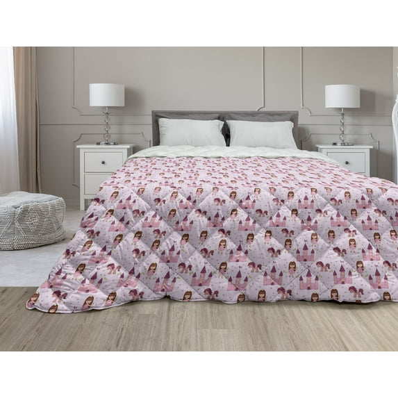 Japan Down Alternative Comforter, Japanese Foods Rice Ball Cherries Kawaii Anime Pattern Design, Microfiber Quilt for All Season, 5 Sizes, Multicolor Pink, by Ambesonne