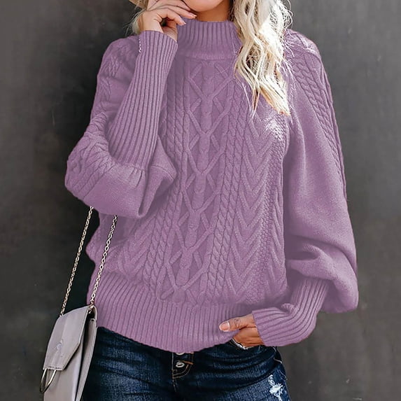 HAOTAGS Women's Lightweight Crewneck Sweater Long Sleeve Basic Pullover Top Solid Color Loose Casual Knit Jumper Purple Size S