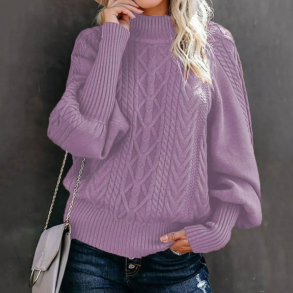 AGWOLF Womens Oversized Sweaters Cozy Cable Knit Lantern Long Sleeve Pullover Casual Mock Neck Jumper Tops