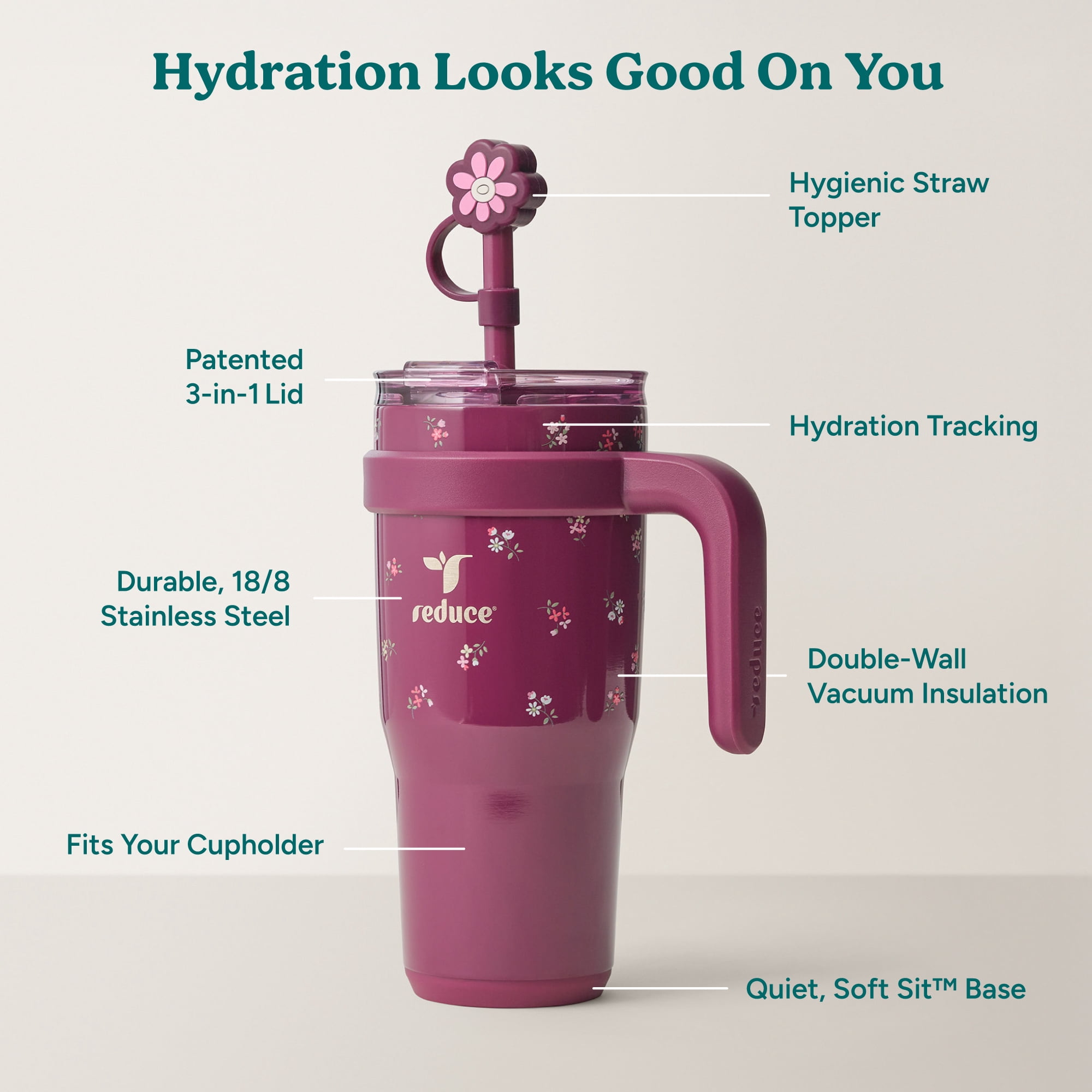 Reduce 24oz Cold1 Travel Mug with Straw and Straw Topper, Lid & Travel Handle, Insulated Stainless Steel, Cherry Pink Blooms