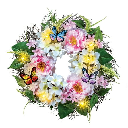 Americana Wreath - Light Up Peony Floral Wreath with Butterflies - Spring Décor for Home or Outdoor Accent