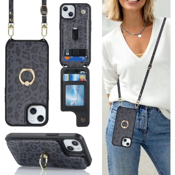 for iPhone 13 Case with Card Holder for Women,Phone Case with Strap,Crossbody Lanyard,Ring Stand,Snap Clasp,Cute Wallet Cases for iPhone 13(6.1 inch,Black Leopard)