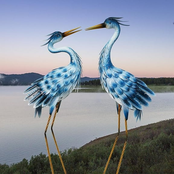 Blue Heron Garden Statues, Crane Statues for Garden Decor, Metal Yard Art Heron Garden Statues, Standing Garden Sculptures & Statues for Yard Decorations Outdoor, 36-38 Inch Set of 2