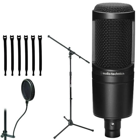 Audio-Technica AT2020 Cardioid Condenser Studio Microphone + On Stage Dual-Screen Pop Blocker ASFSS6-GB + On Stage Euro Boom Microphone Stand + Op/Tech Strapeez, Black