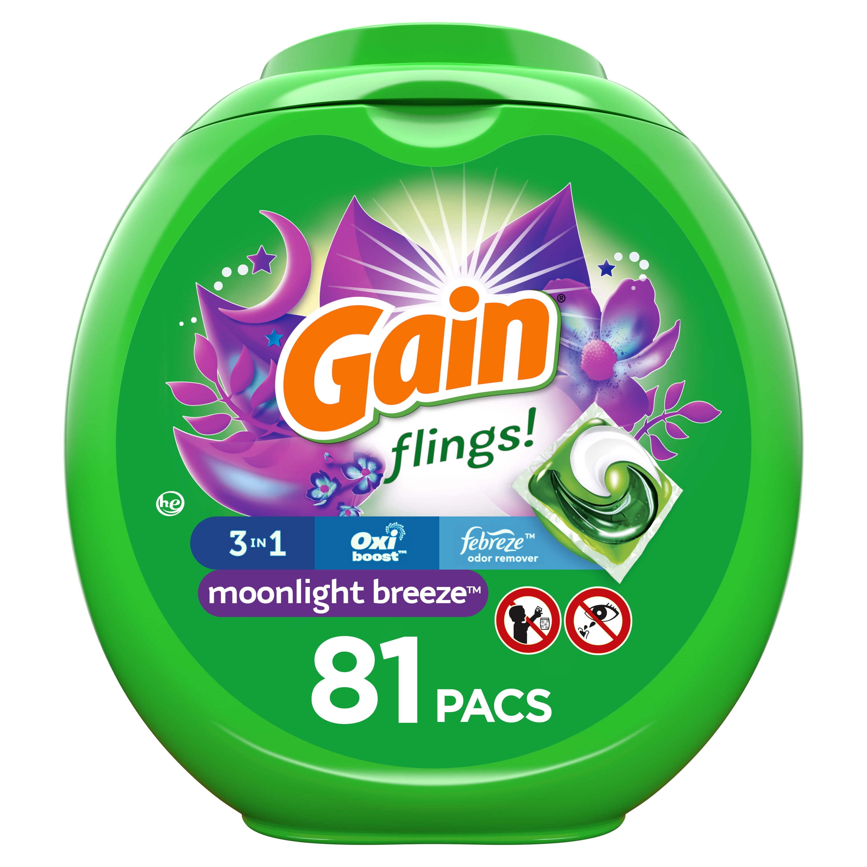 Gain Flings Liquid Laundry Detergent Pacs, 81 Ct, Moonlight Breeze